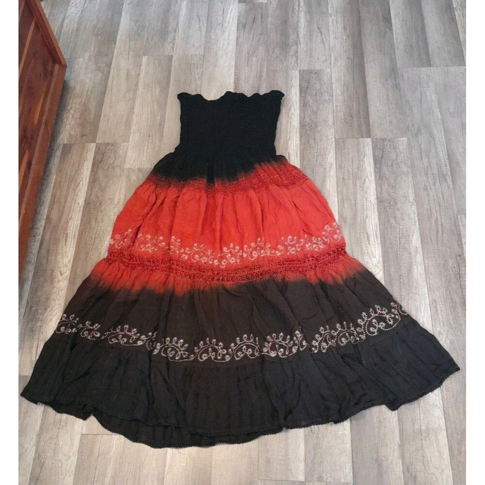 Vint. 70s Fashion Terminal  Small Strapless Boho Below Knee Black/ Red Dress.b57
